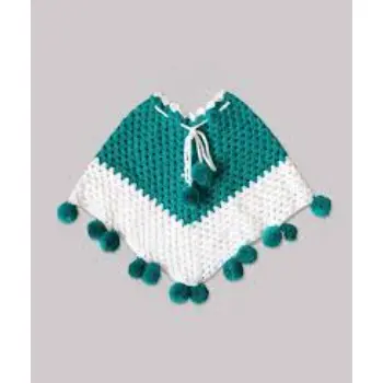 Woonie Handmade Green Pom Pom Poncho for Kids 